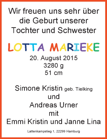Babyanzeige von Lotta Marieke Urner von Nordwest-Zeitung