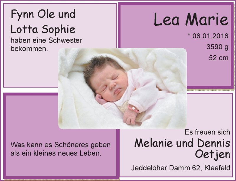 Anzeige für Lea Marie  vom 16.01.2016 aus Nordwest-Zeitung