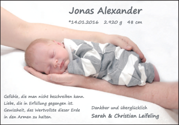 Babyanzeige von Jonas Alexander Leifeling von Nordwest-Zeitung