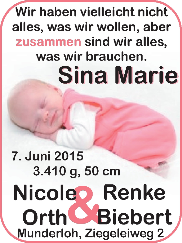 Anzeige für Sina Marie  vom 11.07.2015 aus Nordwest-Zeitung