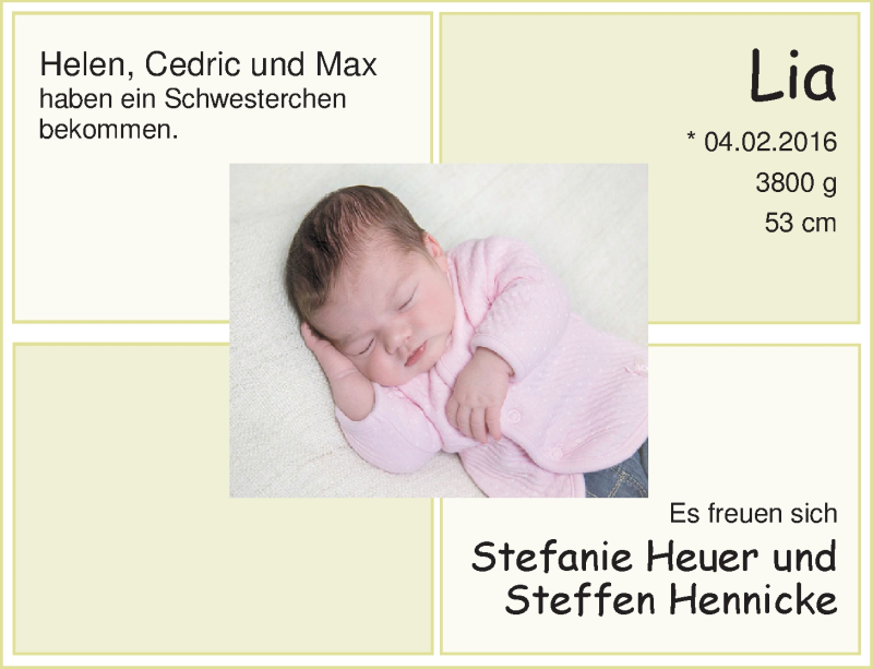 Anzeige für Lia  vom 13.02.2016 aus Nordwest-Zeitung