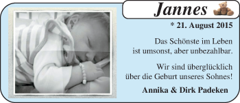 Babyanzeige von Jannes Padeken von Nordwest-Zeitung