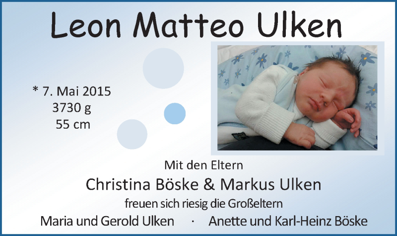 Anzeige für Leon-Matteo Ulken vom 30.05.2015 aus Nordwest-Zeitung