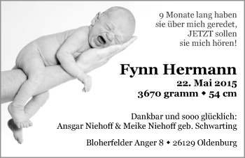 Babyanzeige von Fynn Hermann Niehoff von Nordwest-Zeitung