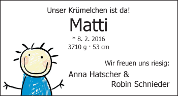 Babyanzeige von Matti  von Nordwest-Zeitung