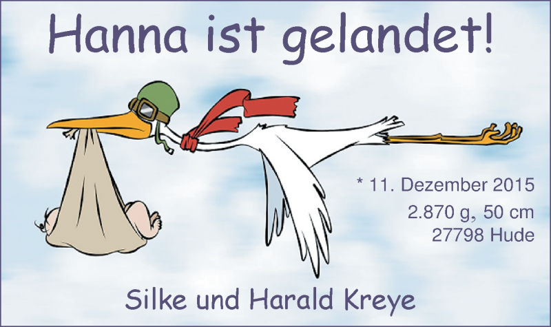 Anzeige für Hanna Kreye vom 19.12.2015 aus Nordwest-Zeitung