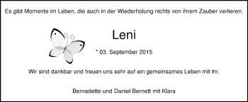 Babyanzeige von Leni Bernett von Nordwest-Zeitung