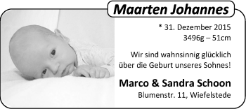 Babyanzeige von Maarten Johannes  von Nordwest-Zeitung