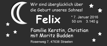 Babyanzeige von Felix Budden von Nordwest-Zeitung