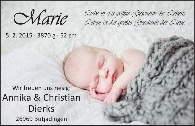 Anzeige für Marie Dierks vom 07.03.2015 aus Nordwest-Zeitung