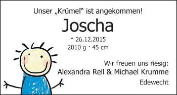 Babyanzeige von Joscha  von Nordwest-Zeitung