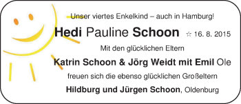 Babyanzeige von Hedi Pauline Schoon von Nordwest-Zeitung