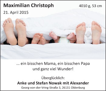 Babyanzeige von Maximilian Christoph Nowak von Nordwest-Zeitung