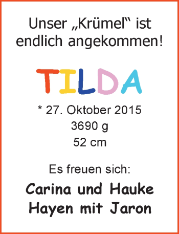 Babyanzeige von Tilda Hayen von Nordwest-Zeitung