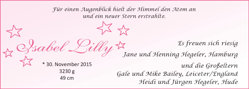 Anzeige für Isabel Lilly Hegeler vom 12.12.2015 aus Nordwest-Zeitung