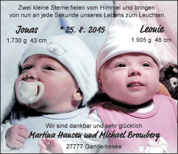 Babyanzeige von Jonas und Leonie  von Nordwest-Zeitung