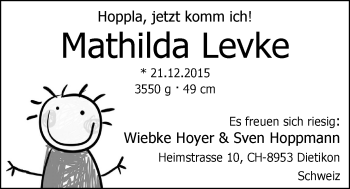 Babyanzeige von Mathilda Levke  von Nordwest-Zeitung