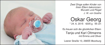 Babyanzeige von Oskar Georg  von Nordwest-Zeitung