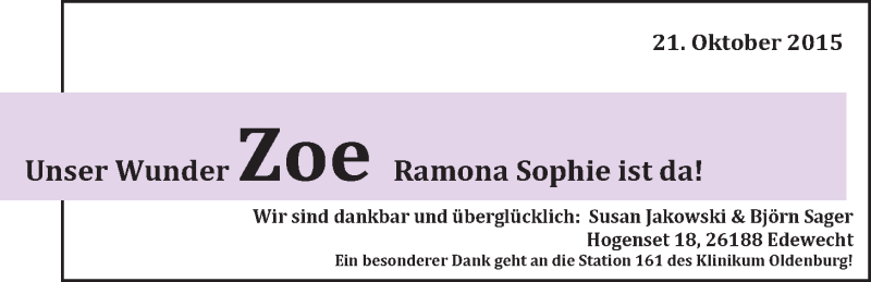 Anzeige für Zoe Ramona Sophie  vom 21.12.2015 aus Nordwest-Zeitung