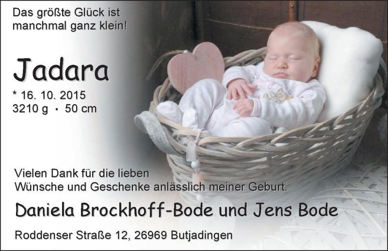 Anzeige für Jadara Bode vom 24.12.2015 aus Nordwest-Zeitung