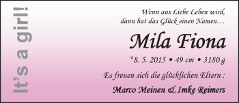 Babyanzeige von Mila Fiona  von Nordwest-Zeitung
