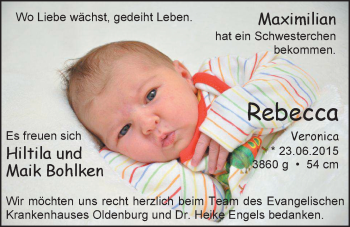 Babyanzeige von Rebecca Bohlken von Nordwest-Zeitung