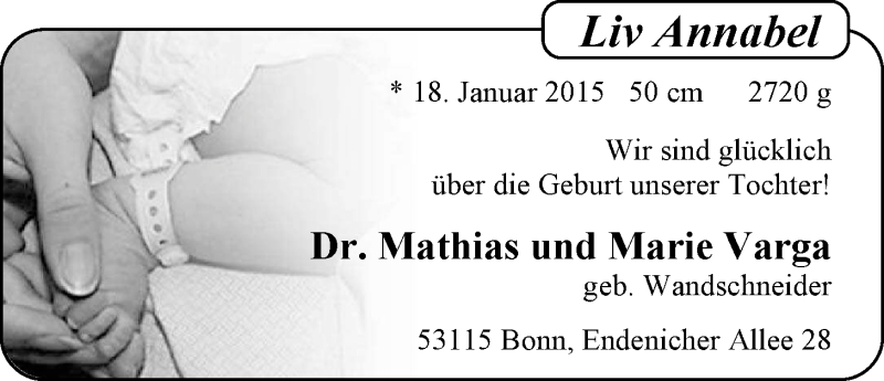 Anzeige für Liv Annabel Varga vom 31.01.2015 aus Nordwest-Zeitung