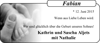 Babyanzeige von Fabian Aljets von Nordwest-Zeitung