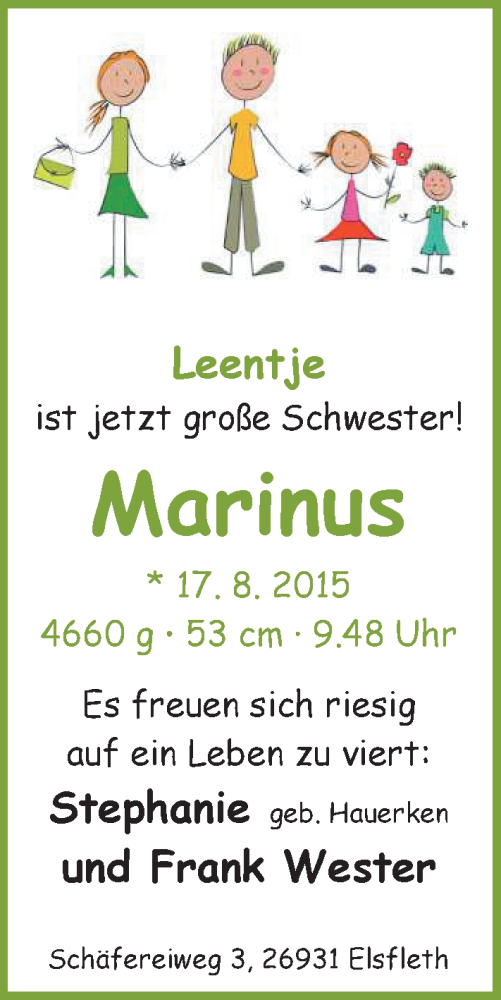 Anzeige für Marinus  vom 29.08.2015 aus Nordwest-Zeitung