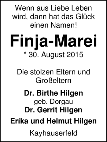 Babyanzeige von Finja-Marei  von Nordwest-Zeitung