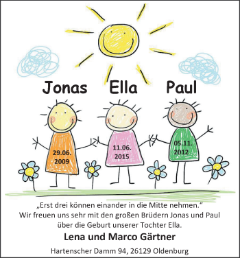 Babyanzeige von Ella Gärtner von Nordwest-Zeitung