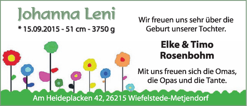 Anzeige für Johanna Leni Rosenbohm vom 19.09.2015 aus Nordwest-Zeitung