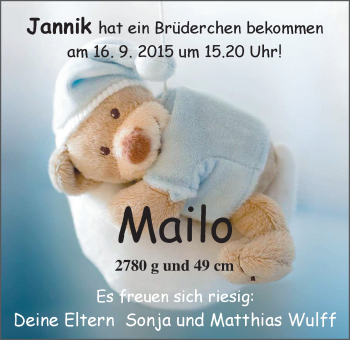 Babyanzeige von Mailo Wulff von Nordwest-Zeitung