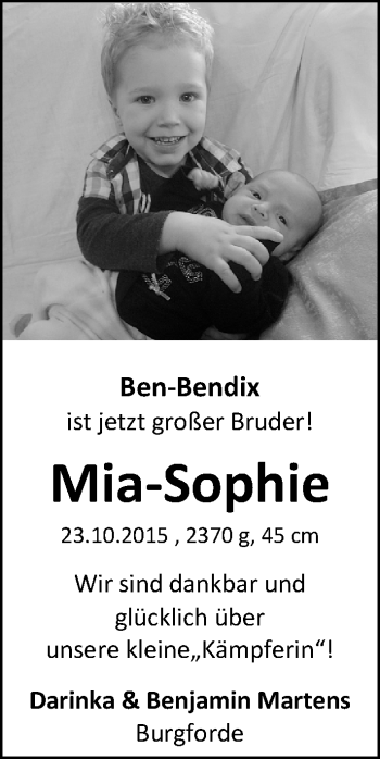 Babyanzeige von Mia-Sophie Martens von Nordwest-Zeitung