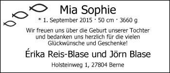 Babyanzeige von Mia Sophie Blase von Nordwest-Zeitung