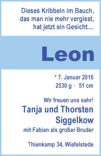 Babyanzeige von Leon Siggelkow von Nordwest-Zeitung