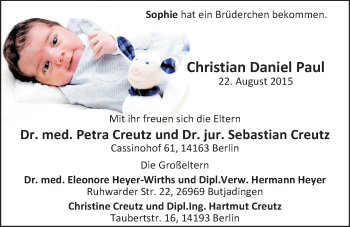 Babyanzeige von Christian Daniel Paul Creutz von Nordwest-Zeitung