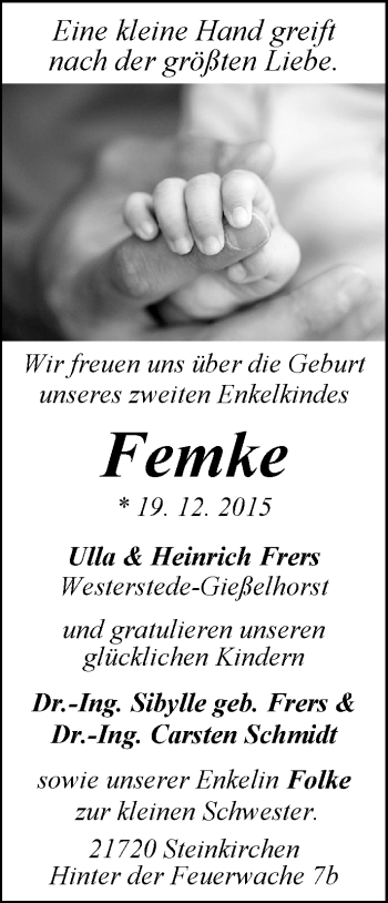 Babyanzeige von Femke Schmidt von Nordwest-Zeitung