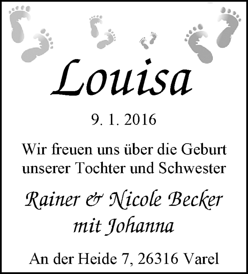 Anzeige für Louisa Becker vom 23.01.2016 aus Nordwest-Zeitung