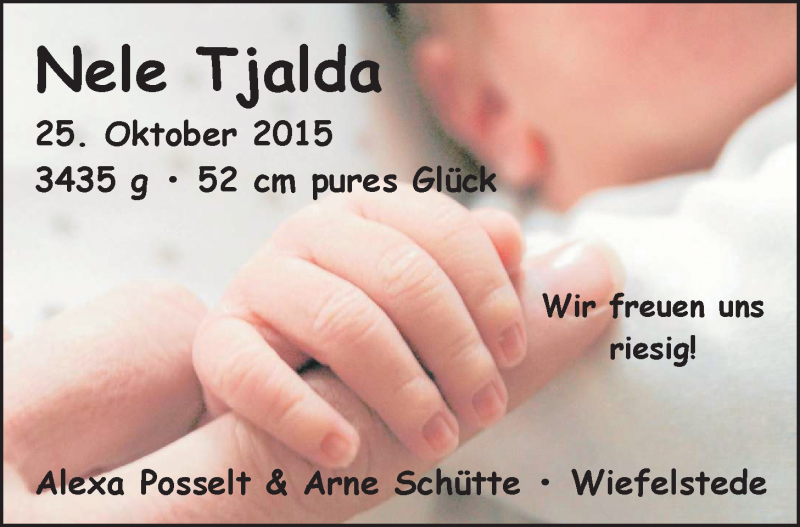 Anzeige für Nele Tjalda  vom 07.11.2015 aus Nordwest-Zeitung