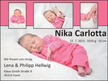 Babyanzeige von Nika Carlotta Hellwig von Nordwest-Zeitung