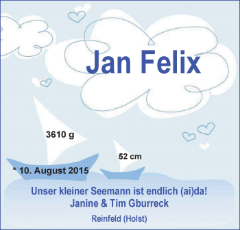 Babyanzeige von Jan Felix Gburreck von Nordwest-Zeitung