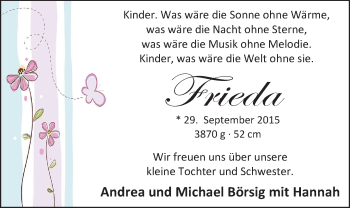 Babyanzeige von Frieda Börsig von Nordwest-Zeitung