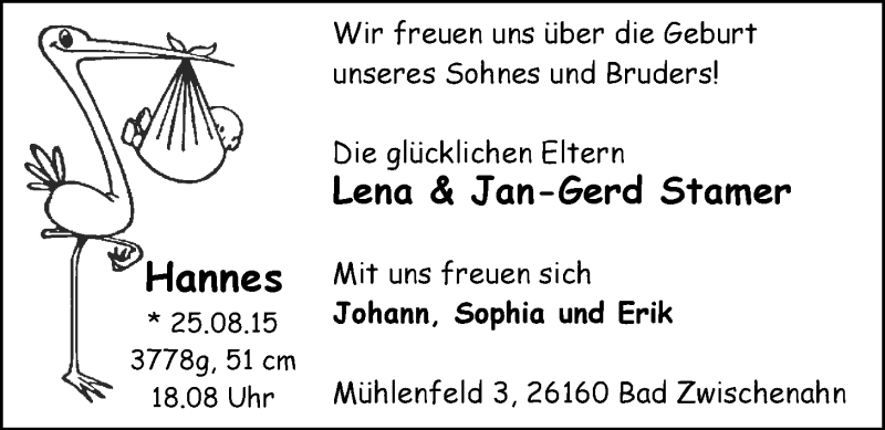 Anzeige für Hannes Stamer vom 12.09.2015 aus Nordwest-Zeitung