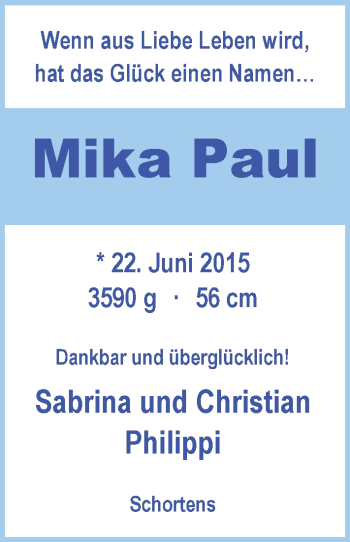 Babyanzeige von Mika Paul Philippi von Nordwest-Zeitung