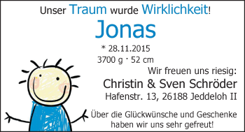 Babyanzeige von Jonas  von Nordwest-Zeitung