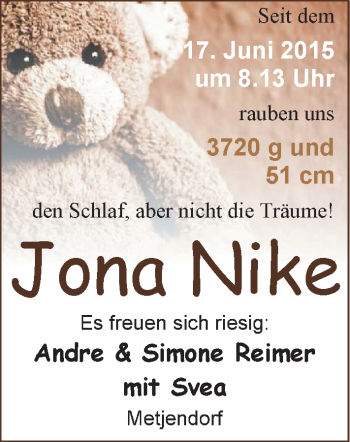 Babyanzeige von Jona Nike Reimer von Nordwest-Zeitung