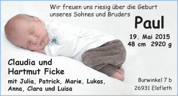 Babyanzeige von Paul Ficke von Nordwest-Zeitung