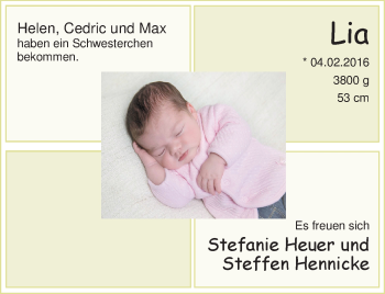 Babyanzeige von Lia  von Nordwest-Zeitung