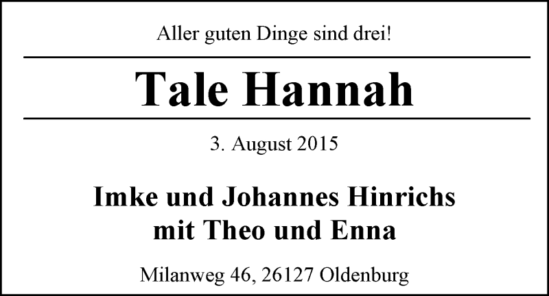 Anzeige für Tale Hannah Hinrichs vom 15.08.2015 aus Nordwest-Zeitung